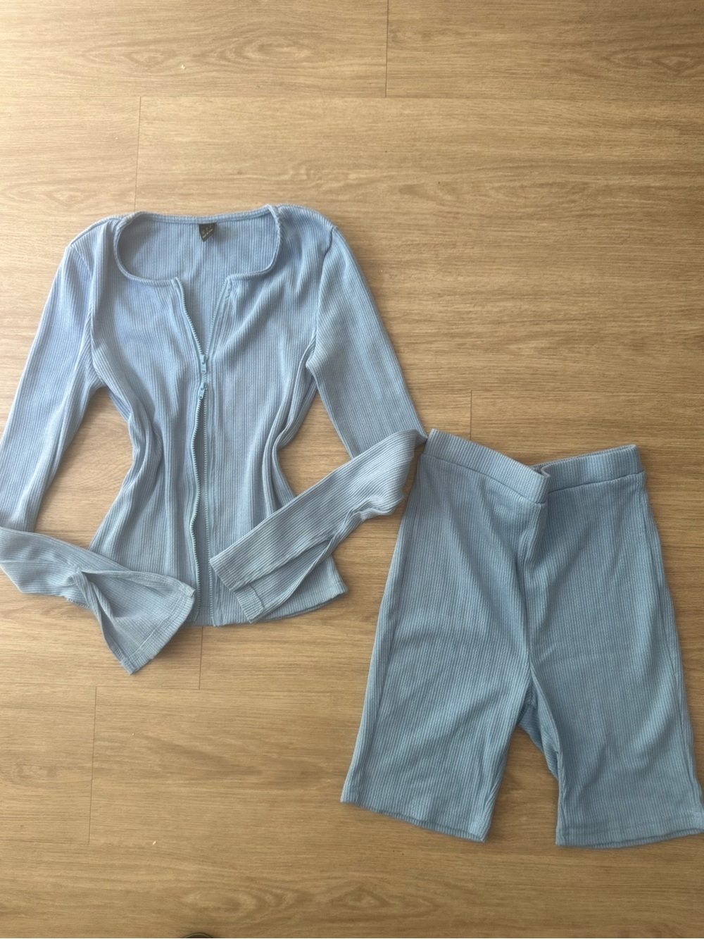 SHEIN Light Blue Ribbed Knit Zip-Front Top & Shorts Set